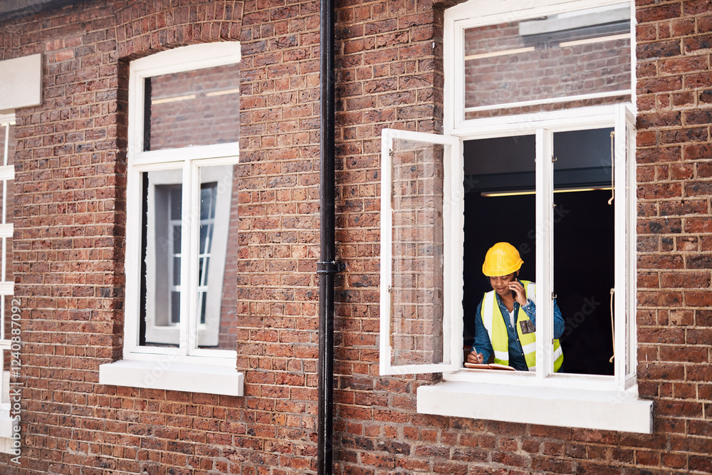 Poster Man, engineer and communication with phone call by window of inspection, maintenance and schedule. Male person, mobile and and talk of development update, negotiation progress and renovation feedback