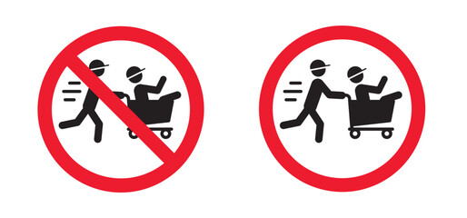 Forbidden speed, running, fast happy people in supermarket pushcart. Carrying her friend in hopping cart or trolley. Pushing shopping cart and run. Running with handcart with man. Fast or playing kids