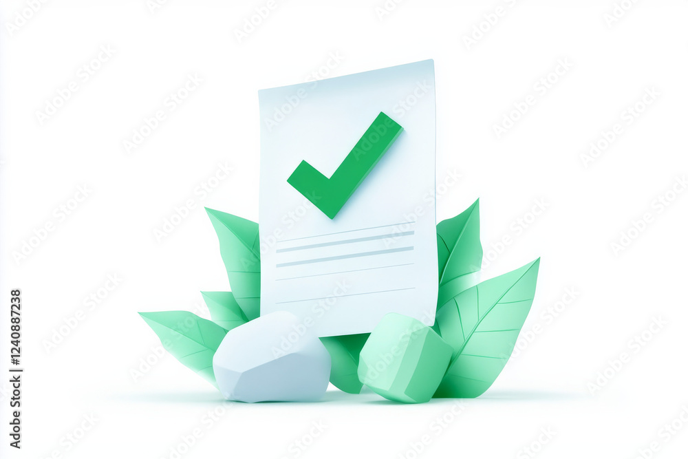 Aufkleber green check mark on flat design paper with foliage and stones representing approval and validation i