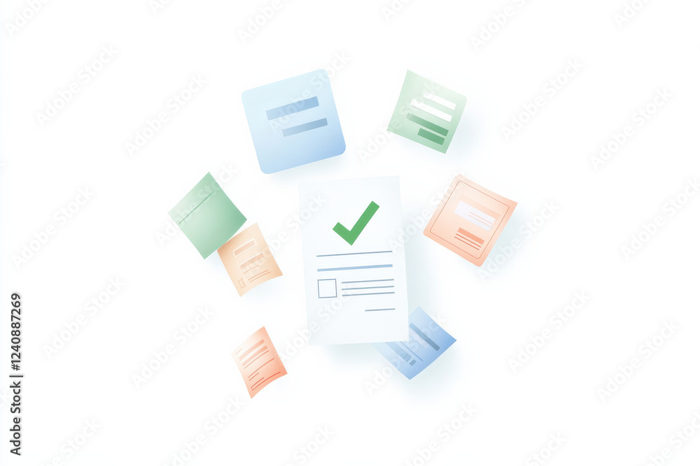 Poster digital flat design illustration of approved documents and forms with check mark in a modern workspa