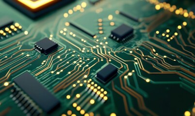 Obraz premium Detailed Macro Closeup of Circuit Board with Intricate Pathways and Components