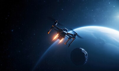 Naklejka premium Futuristic Drone with Rocket Engines Flying in Space Over Asteroid and Earth