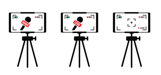News, live recording, journalist concept. Hand drawn framed snapshot. Mobile phone video camera viewfinder, rec. Cartoon player, microphone, podcast, voice. Reporter take interview, press conference.