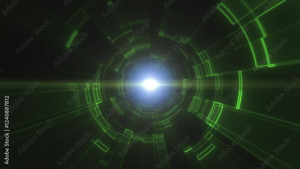 Poster a futuristic, green digital tunnel with concentric circular patterns and glowing lines technology an