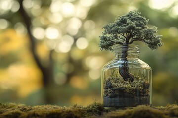 Close-up photograph of a glass bottle containing a 3D microtree against a blurred forest background