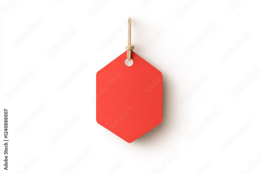 Poster simple red flat design tag hanging with a twine string against a white background