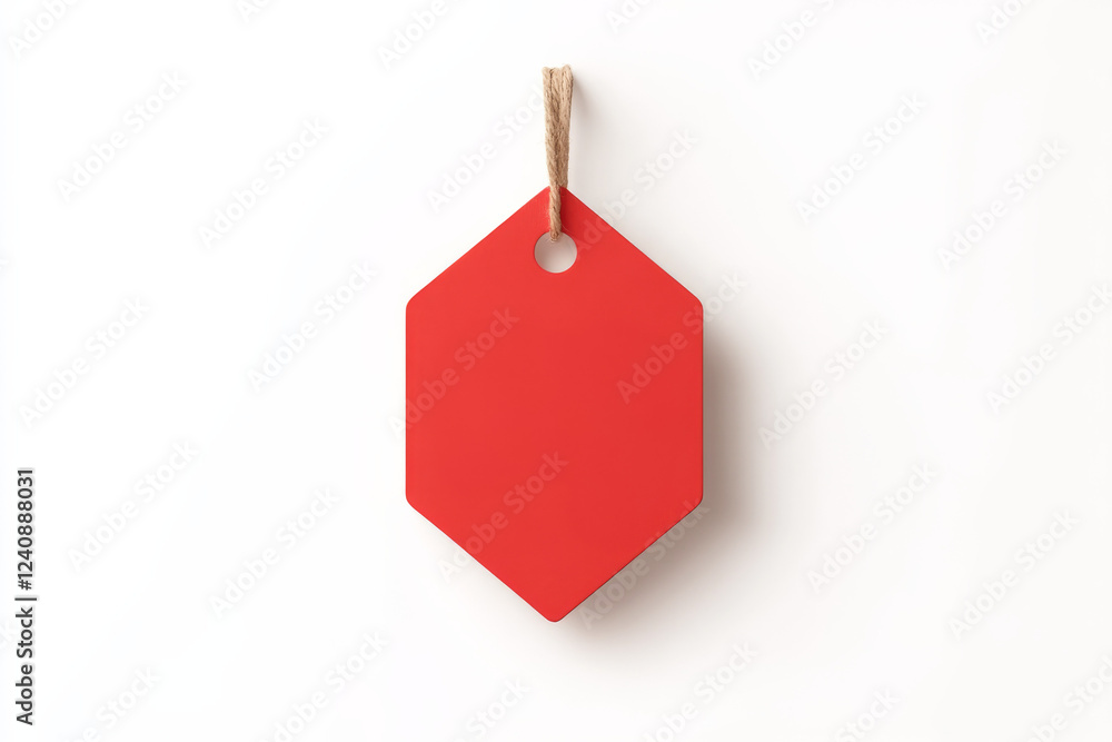Poster red hexagon tag with string on a white background for product labeling and branding