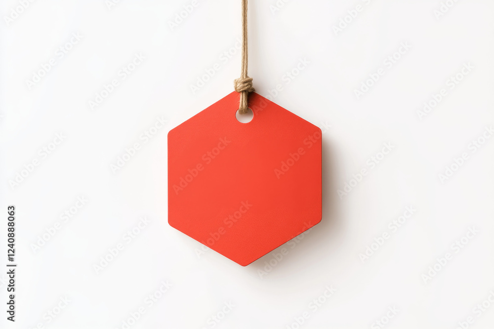Poster red hexagonal tag hanging from a string against a plain background showing a minimalist design conce