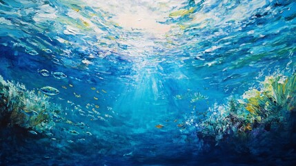 Underwater scene with vibrant coral reef and sunlight.