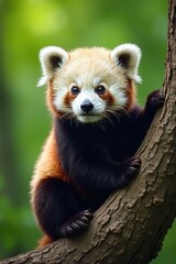 Obraz premium Adorable panda cub perched on tree branch, front view, panda, peaceful