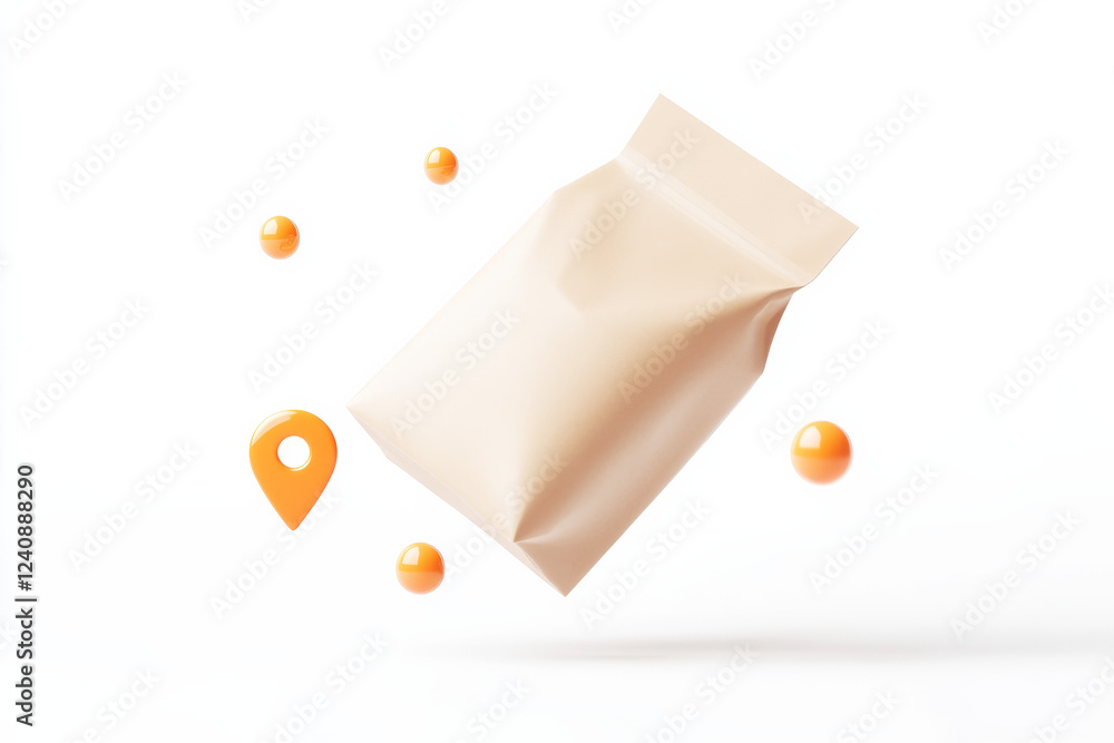 Poster delivery package floating with location pin and orange spheres in flat design style