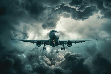 Passenger jet flying through heavy rain and dark storm clouds