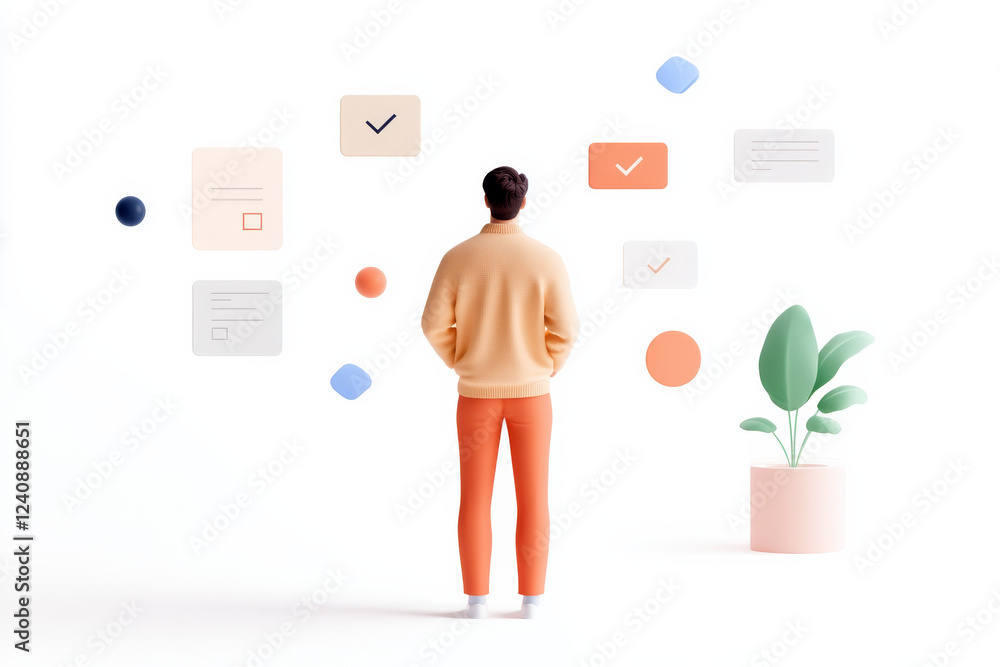 Aufkleber exploring digital organization and decision making in a modern workspace with flat design elements