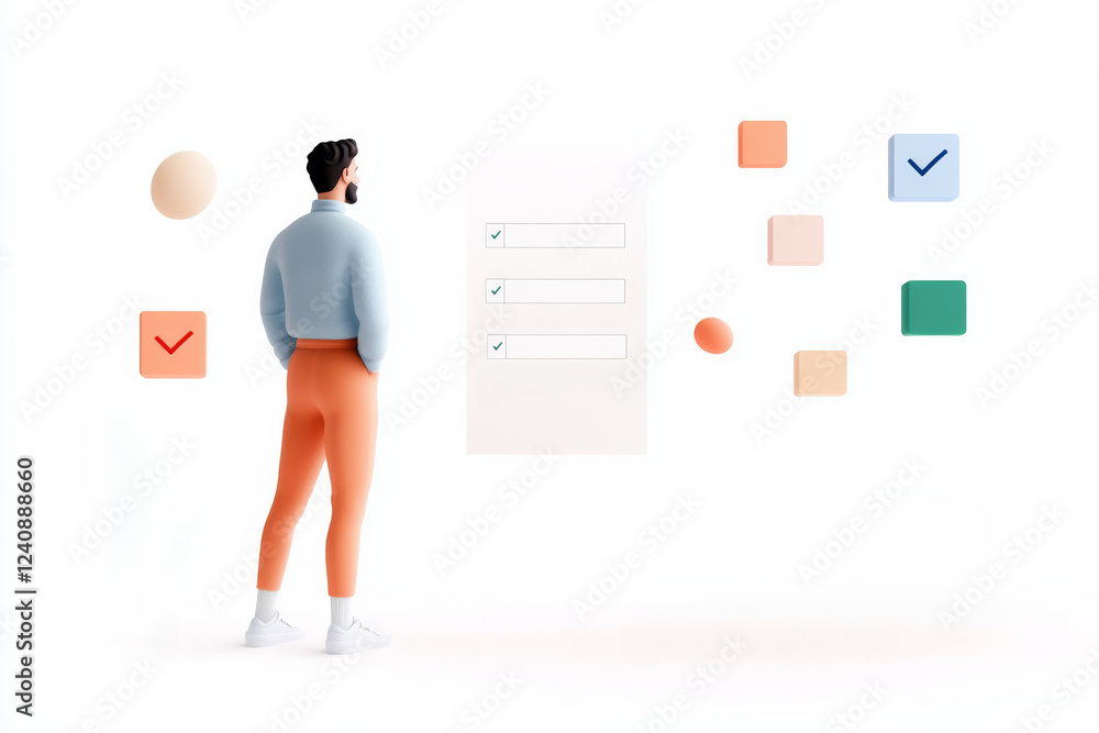 Poster modern flat design representation of a man interacting with a form in a minimalistic digital environ