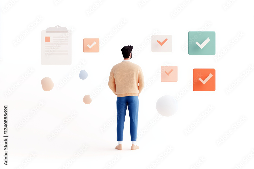 Poster person contemplating choices with checked items in a minimalistic setting on a bright background