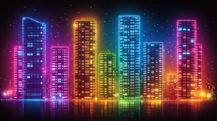 Obraz premium Vibrant Neon Cityscape at Night Colorful Buildings Reflecting in Water