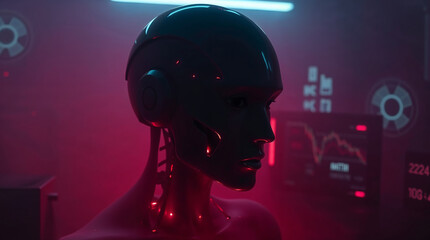 Futuristic robot analyzing data in high tech environment