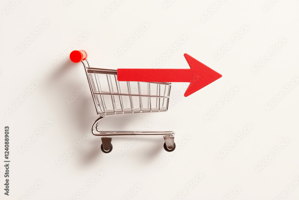 Poster shopping cart with red arrow pointing right on plain background in flat design style