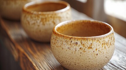 Fototapeta premium Beige and Brown Textured Ceramic Bowls on Wooden Table