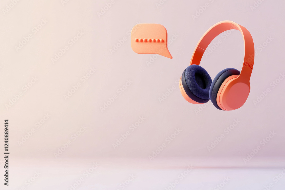 Poster floating pink headphones with speech bubble displaying audio soundwaves in flat design style