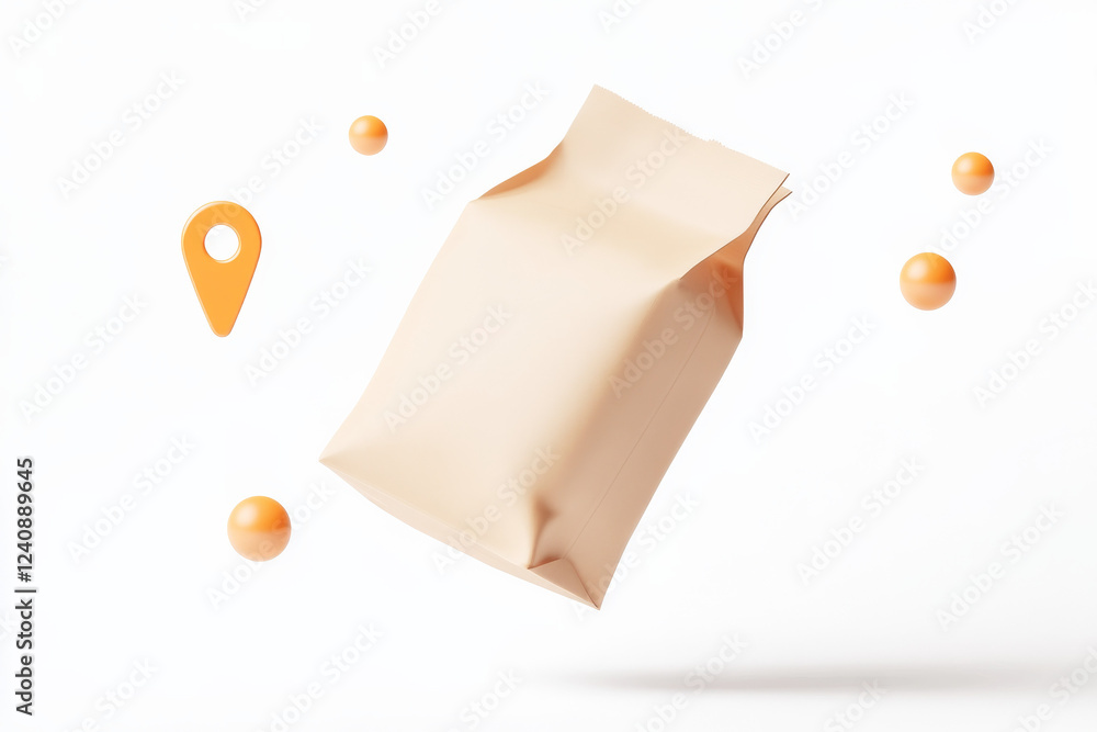 Poster creative flat design of a floating bag surrounded by location markers and spherical elements in a mi