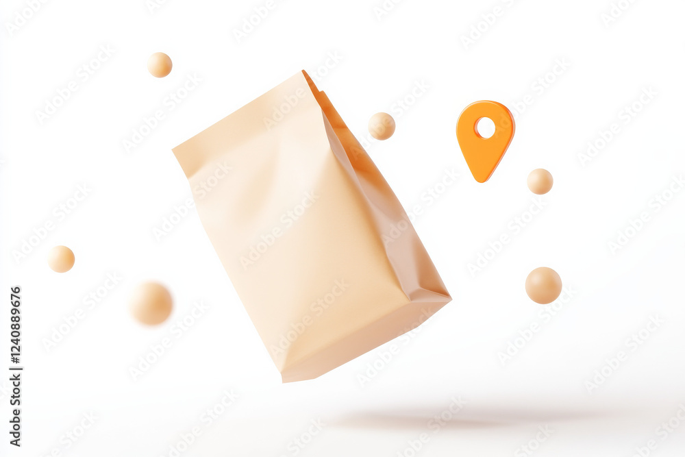 Poster delivery bag floats with location pin and circular objects in flat design style