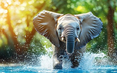 Baby elephant splashing water, jungle background, wildlife, nature photography
