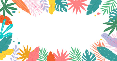 Hello Summer Greeting concept tropical design, abstract illustration with jungle exotic leaves, colorful design, summer background and banner sale