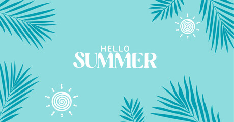 Sky Blue summer tropical background with tropical palm leaves. Minimal summer creative flat design for website, summer sales, promotion, ads or social media post