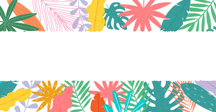 Hello Summer Greeting concept tropical design, abstract illustration with jungle exotic leaves, colorful design, summer background with horizontal blank space for sales and promotions or website