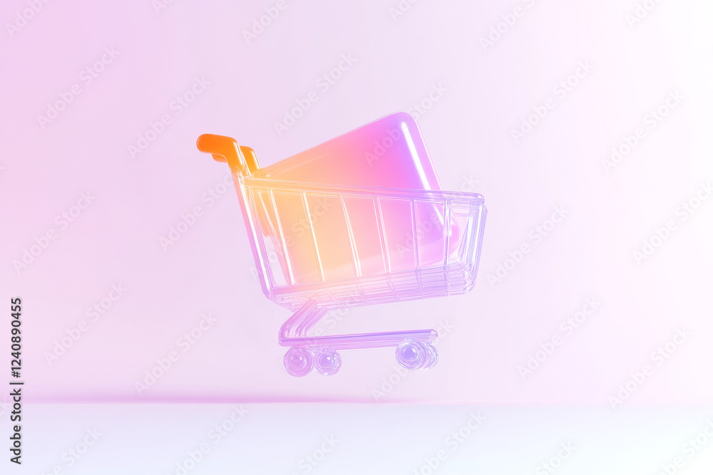 Poster shopping cart floating with a colorful box against a gradient background in a flat design style