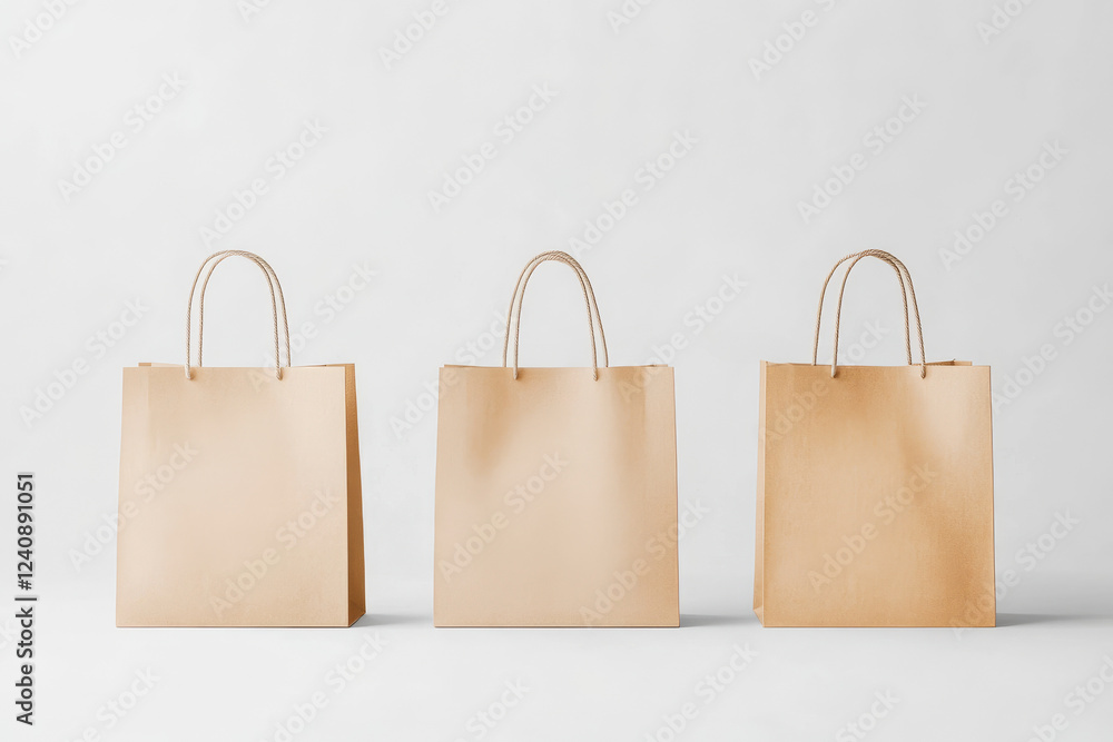 Aufkleber render of three paper bags arranged in a row with simple design on a clean background