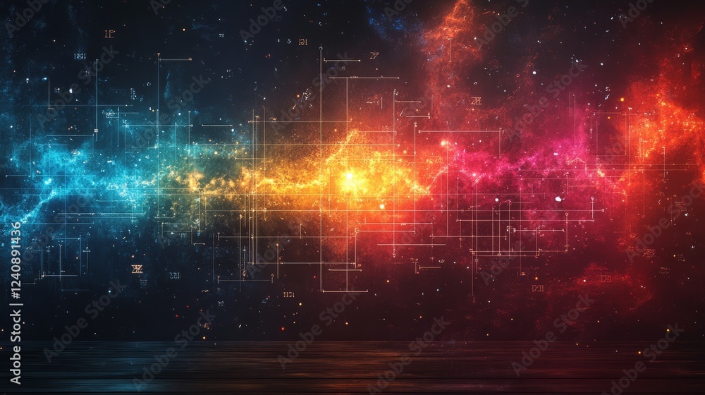 Poster cosmic network: abstract digital art featuring a vibrant nebula backdrop with technological overlays