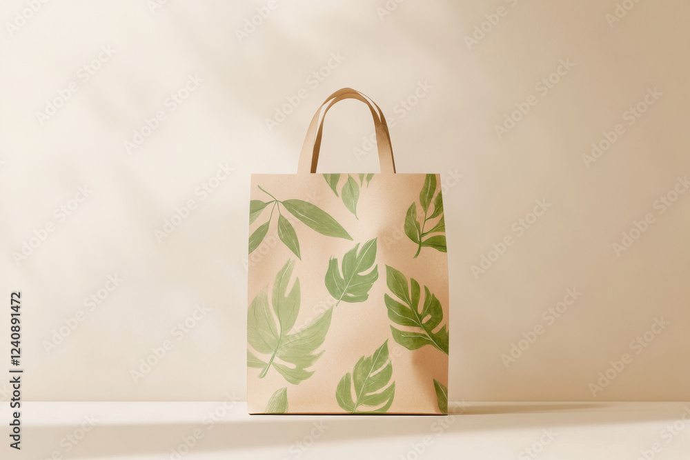 Poster elegant bag mockup featuring green leaf patterns on a serene background for creative design projects