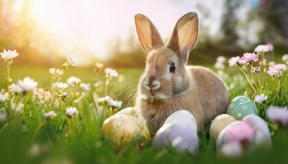 Adorable Bunny With Easter Eggs In Flowery Meadow 
