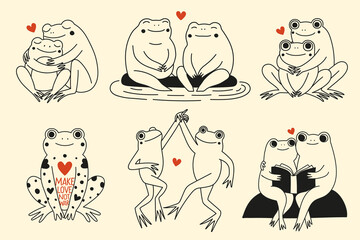 Vector illustration set with couples of frogs or toads dancing, reading, hugging together. Cute and funny inspirational print design, home decoration poster, greeting card template, apparel print
