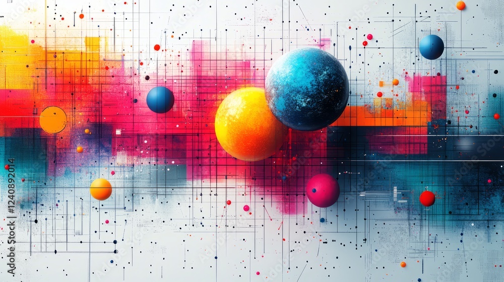 Poster abstract digital art with colorful spheres and intersecting lines.