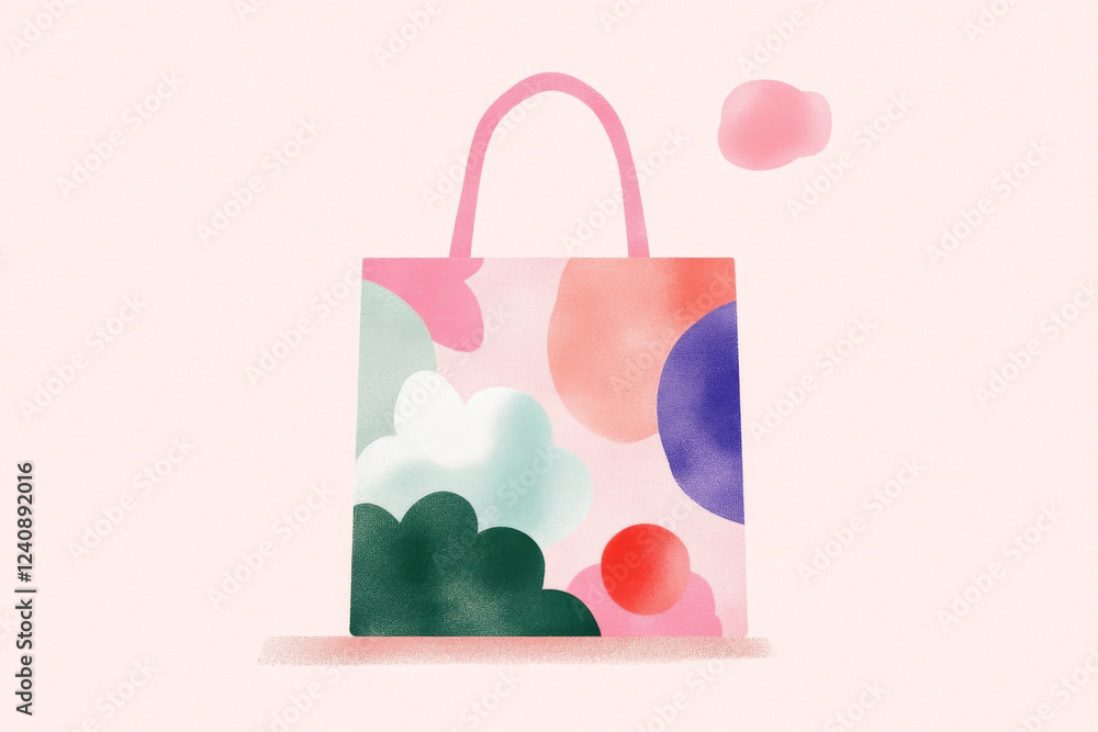 Poster colorful flat-style bag mockup with abstract patterns on a light background