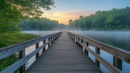 Naklejka premium Wooden Bridge Over Misty Lake at Sunrise