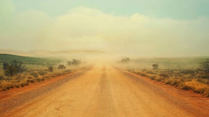 Dusty Road Through a Hazy Desert Landscape