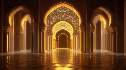 Obraz premium A dark gold Islamic archway at night, shown in high detail.