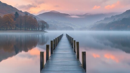 Fototapeta premium Serene Sunrise Over Misty Lake With Wooden Pier