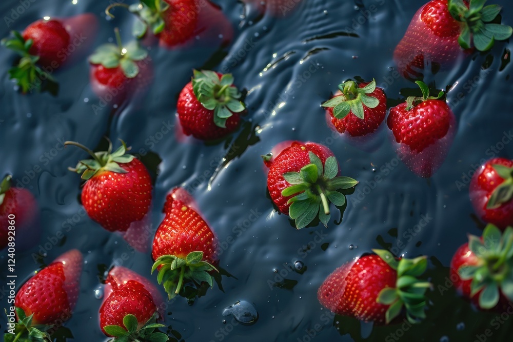 Poster ripe red strawberries float in dark water, creating a vibrant and refreshing summer image
