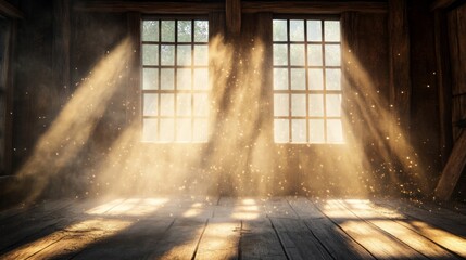 Naklejka premium Dusty Sunbeams in Rustic Wooden Room