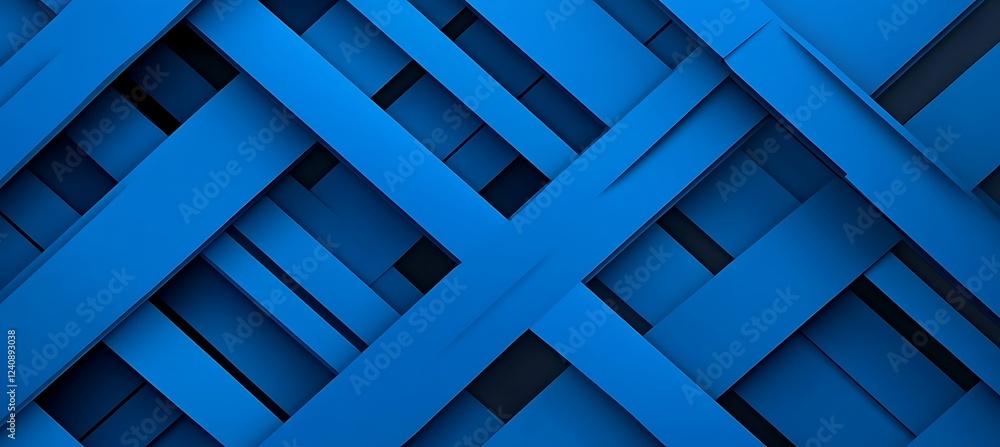 Poster a sleek monochromatic blue background with bold overlapping diagonal lines, forming a refined and mi