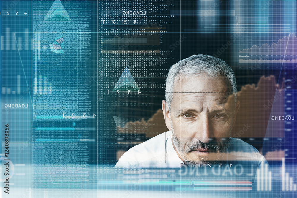 Poster Business man, programming and hologram with charts, review and fintech for trading at office. Person, investor and futuristic ux with graphs, stats and overlay with coding for digital transformation