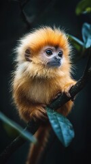 Obraz premium HD Phone Wallpaper Adorable Golden Lion Tamarin Monkey on Branch Lush Rainforest Wildlife Photography