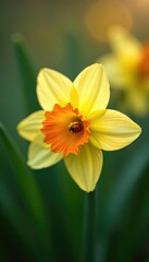 Fototapeta premium Ladybug exploring the bright orange and white daffodil, flower, nature
