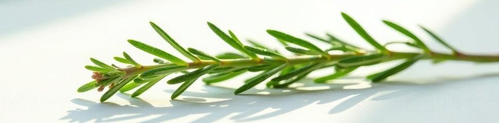 Obraz premium Fresh rosemary sprig with light rays on white surface, herb, fragrance, flower