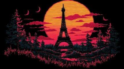 Eiffel Tower Sunset A Vibrant Stitch Embroidery Landscape
